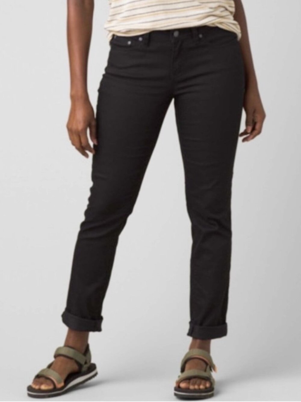 Prana Kayla Jeans Size 28 Black Out Tall Long Stretch Denim Straight Pant Gorp
